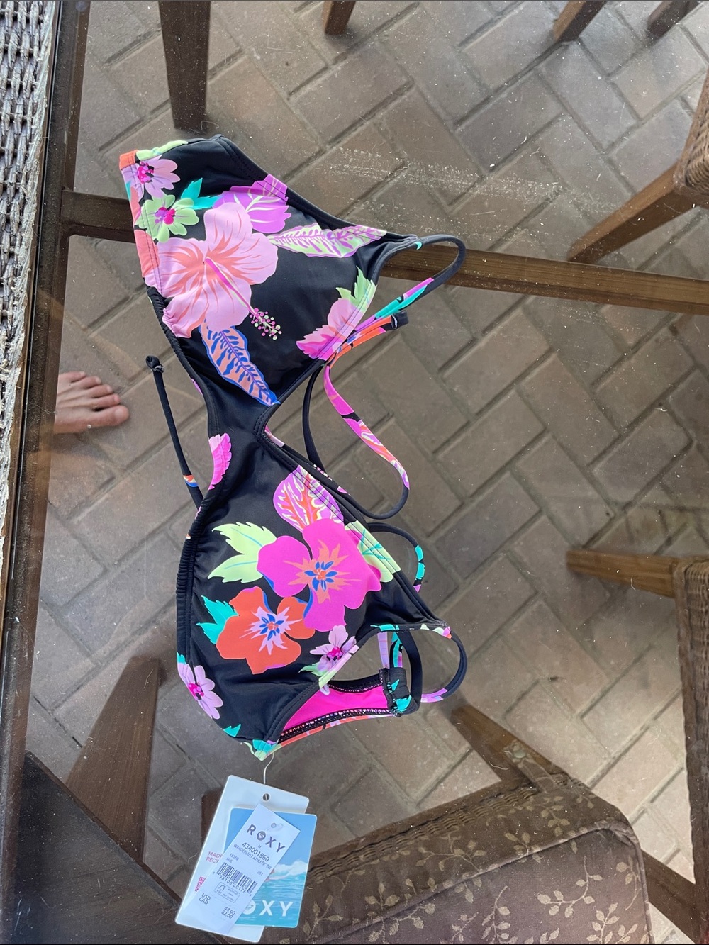 Roxy Black Bikini Top with Pink, Neon Green & Orange Floral Print